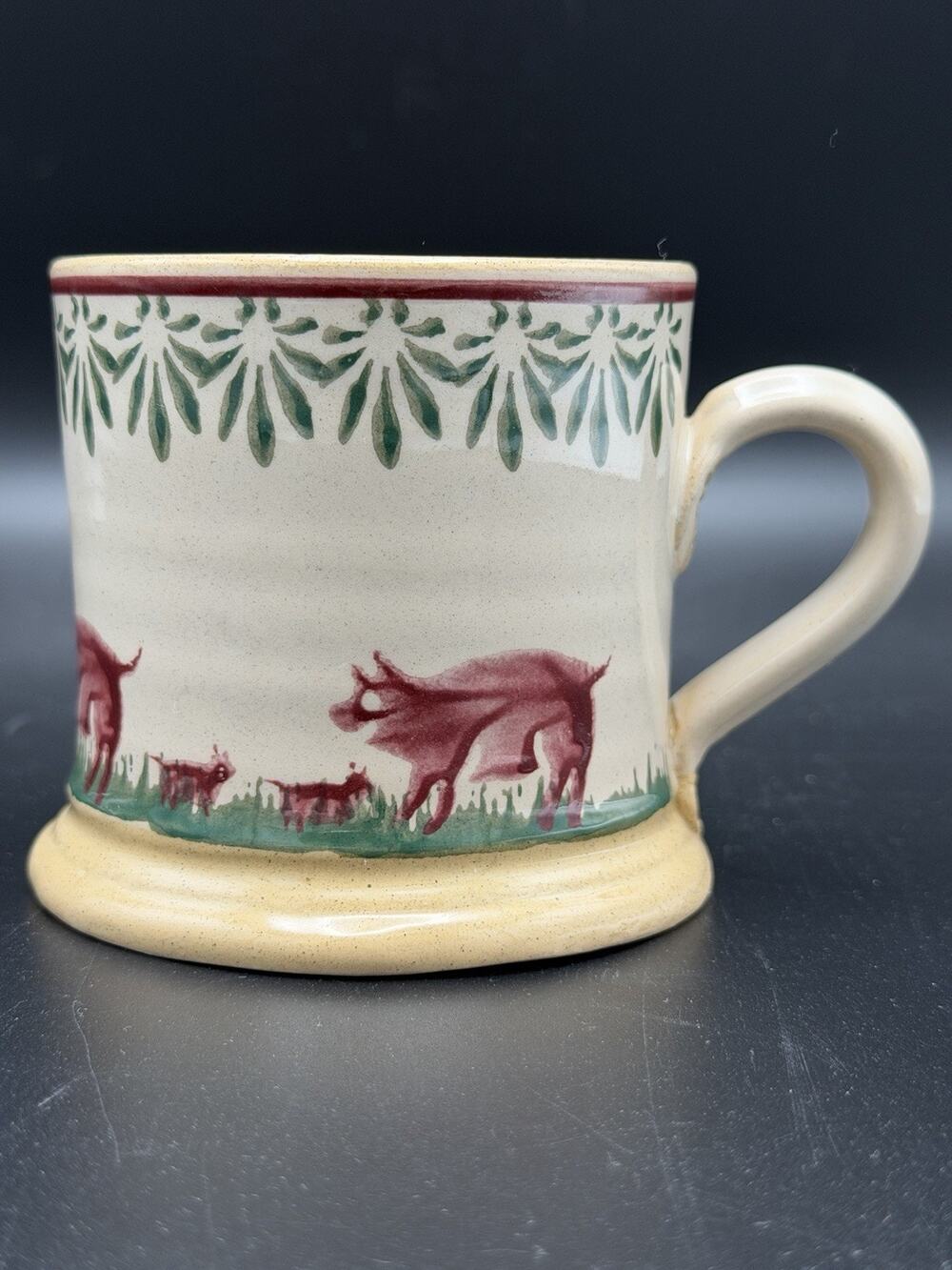 Nicholas Mosse Pottery Piglet Pattern Ceramic Mug w/ Handle Beige Green Red